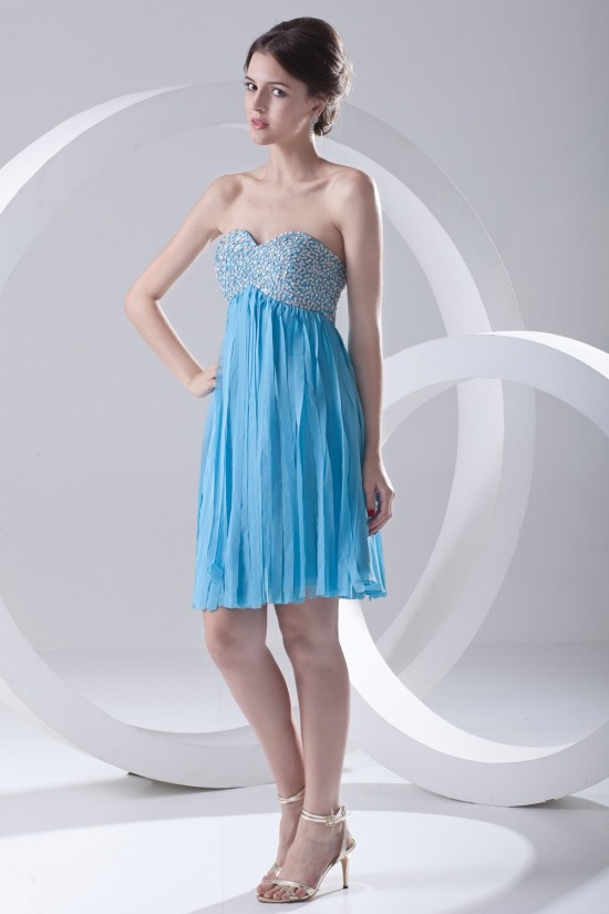 A-Line Sweetheart Beaded Short Blue Chiffon Prom Evening Bridesmaid Dresses ED011384