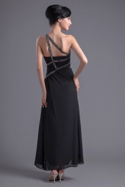 Sheath/Column One-Shoulder Beaded Long Black Chiffon Prom Evening Formal Dresses ED011389