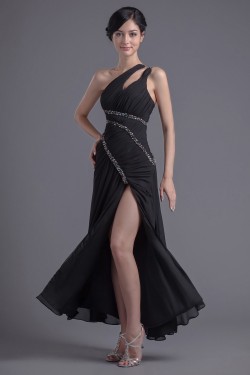 Sheath/Column One-Shoulder Beaded Long Black Chiffon Prom Evening Formal Dresses ED011389