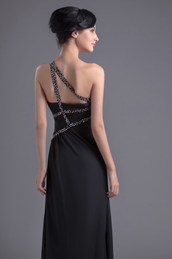 Sheath/Column One-Shoulder Beaded Long Black Chiffon Prom Evening Formal Dresses ED011389