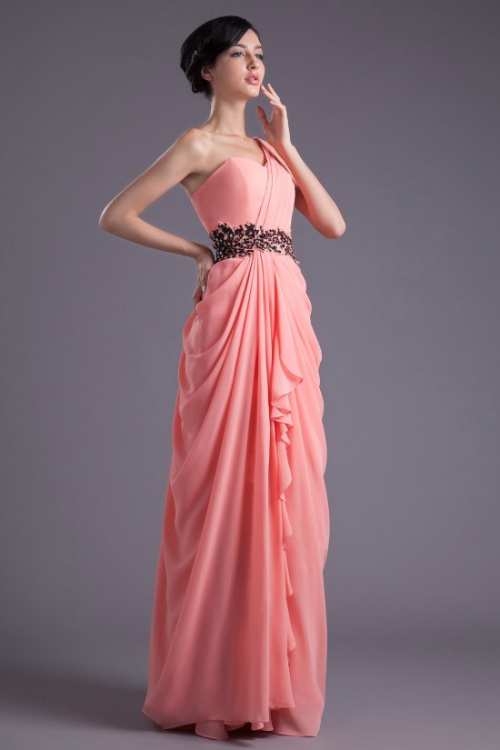 Sheath/Column One-Shoulder Beaded Long Chiffon Prom Evening Formal Dresses ED011390