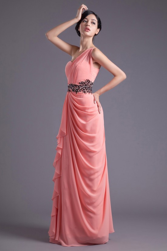 Sheath/Column One-Shoulder Beaded Long Chiffon Prom Evening Formal Dresses ED011390