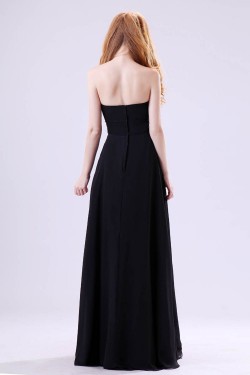 A-Line Strapless Beaded Long Black Chiffon Prom Evening Formal Dresses ED011392