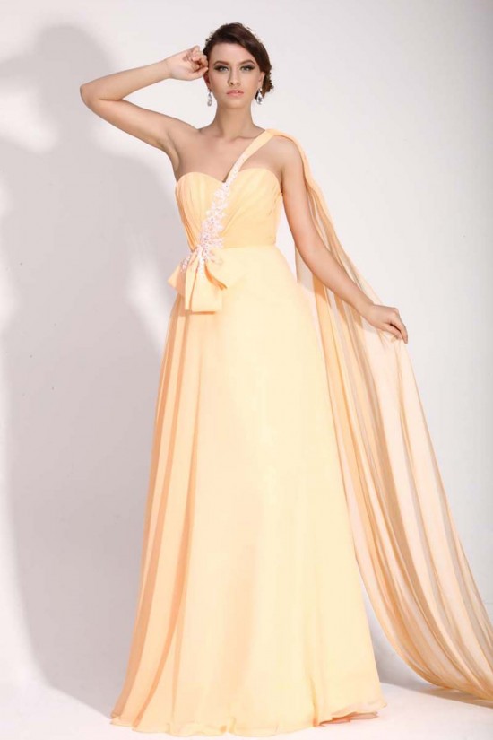A-Line One-Shoulder Long Yellow Chiffon Prom Evening Formal Dresses ED011400