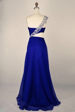 A-Line One-Shoulder Beaded Long Blue Chiffon Prom Evening Formal Dresses ED011402