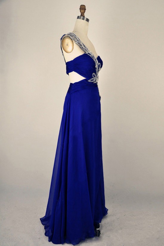 A-Line One-Shoulder Beaded Long Blue Chiffon Prom Evening Formal Dresses ED011402