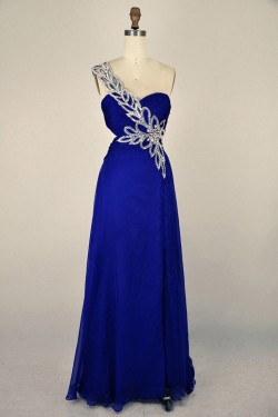A-Line One-Shoulder Beaded Long Blue Chiffon Prom Evening Formal Dresses ED011402
