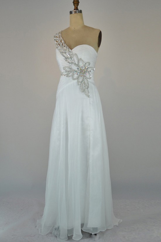 A-Line One-Shoulder Beaded Long Blue Chiffon Prom Evening Formal Dresses ED011402