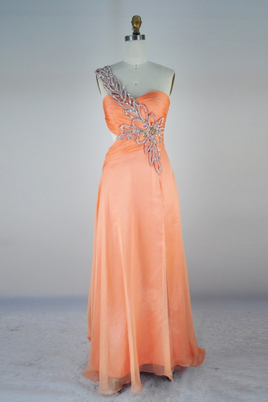 A-Line One-Shoulder Beaded Long Chiffon Prom Evening Formal Dresses ED011405