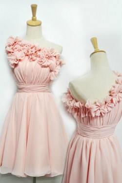 A-Line One-Shoulder Short Pink Chiffon Prom Evening Bridesmaid Dresses ED011407