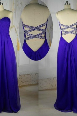 A-Line Sweetheart Beaded Long Blue Chiffon Prom Evening Bridesmaid Dresses ED011409