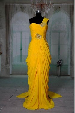 Sheath/Column One-Shoulder Beaded Long Chiffon Prom Evening Formal Dresses ED011416