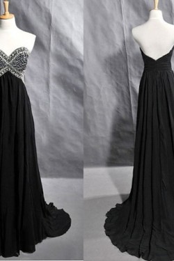 A-Line Sweetheart Beaded Long Black Chiffon Prom Evening Formal Dresses ED011418