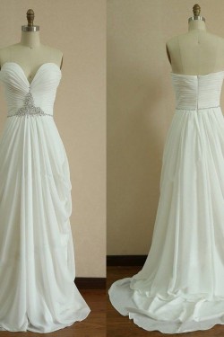 Sheath/Column Sweetheart Beaded Long White Chiffon Prom Evening Formal Dresses ED011420