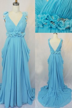 Sheath/Column V-Neck Long Blue Chiffon Prom Evening Formal Dresses ED011423