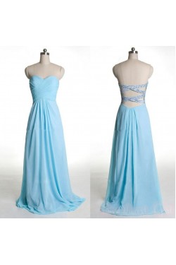 A-Line Sweetheart Beaded Long Blue Chiffon Prom Evening Formal Dresses ED011425