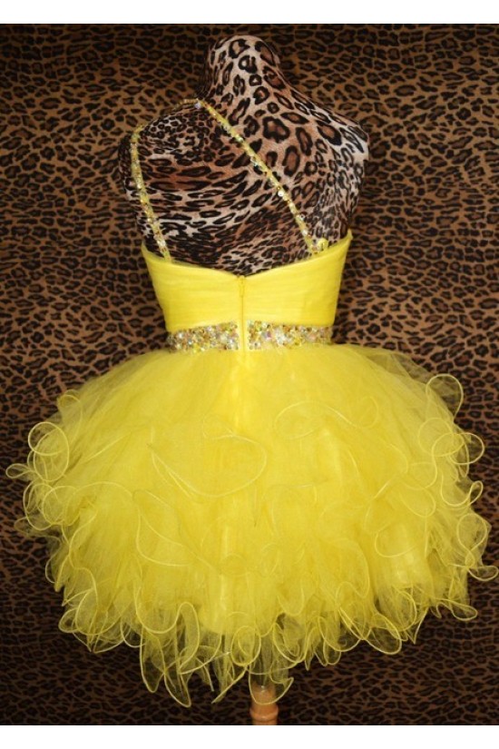 Short/Mini One-Shoulder Beaded Yellow Tulle Prom Evening Cocktail Dresses ED011432