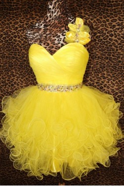Short/Mini One-Shoulder Beaded Yellow Tulle Prom Evening Cocktail Dresses ED011432