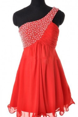 A-Line One-Shoulder Beaded Short Chiffon Prom Evening Cocktail Dresses ED011434