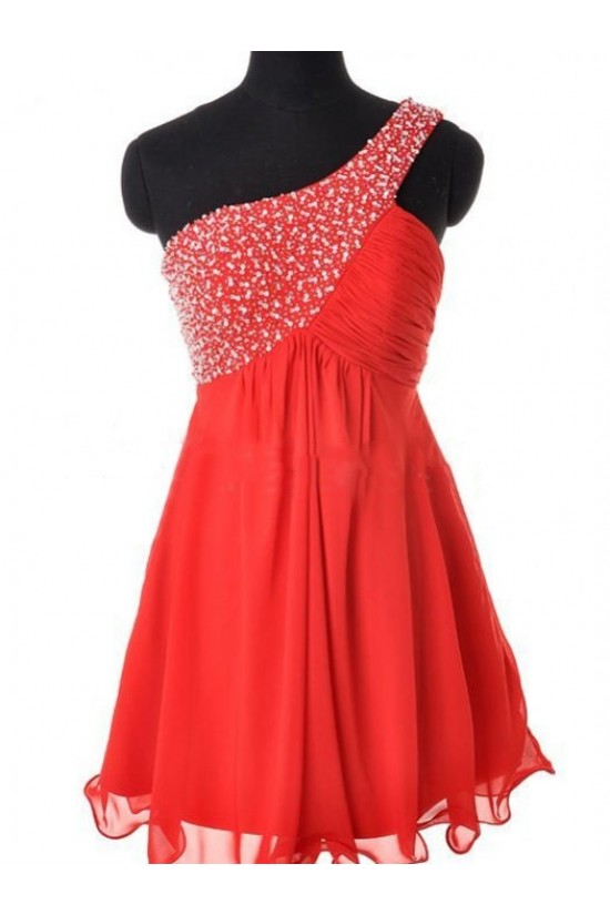 A-Line One-Shoulder Beaded Short Chiffon Prom Evening Cocktail Dresses ED011434