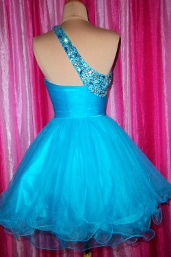 A-Line One-Shoulder Beaded Blue Prom Evening Cocktail Dresses ED011437