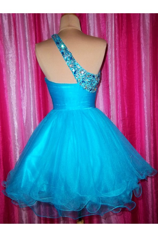A-Line One-Shoulder Beaded Blue Prom Evening Cocktail Dresses ED011437