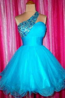 A-Line One-Shoulder Beaded Blue Prom Evening Cocktail Dresses ED011437