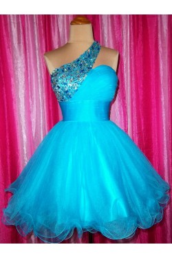 A-Line One-Shoulder Beaded Blue Prom Evening Cocktail Dresses ED011437
