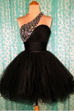A-Line One-Shoulder Beaded Black Prom Evening Cocktail Dresses ED011439