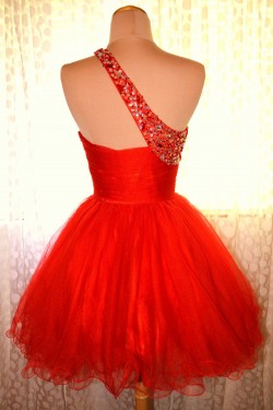 A-Line One-Shoulder Beaded Red Prom Evening Cocktail Dresses ED011441