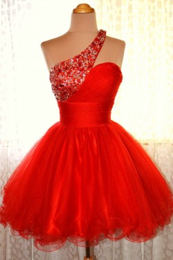 A-Line One-Shoulder Beaded Red Prom Evening Cocktail Dresses ED011441