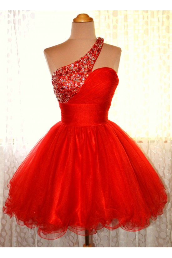 A-Line One-Shoulder Beaded Red Prom Evening Cocktail Dresses ED011441