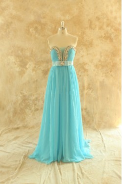 A-Line Beaded Long Blue Chiffon Prom Evening Formal Dresses ED011448