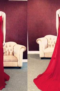 Sheath/Column Beaded Long Red Chiffon Prom Evening Formal Dresses ED011451