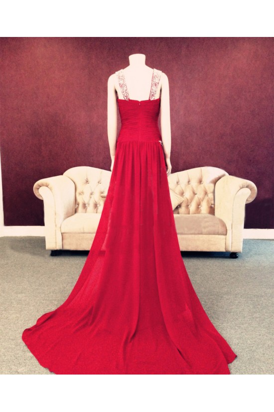 Sheath/Column Beaded Long Red Chiffon Prom Evening Formal Dresses ED011451