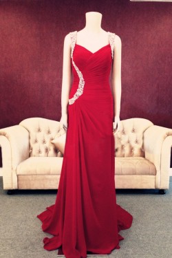 Sheath/Column Beaded Long Red Chiffon Prom Evening Formal Dresses ED011451