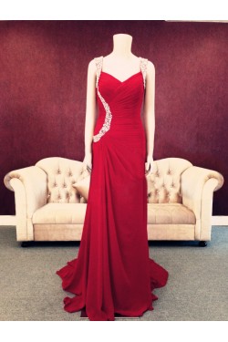 Sheath/Column Beaded Long Red Chiffon Prom Evening Formal Dresses ED011451