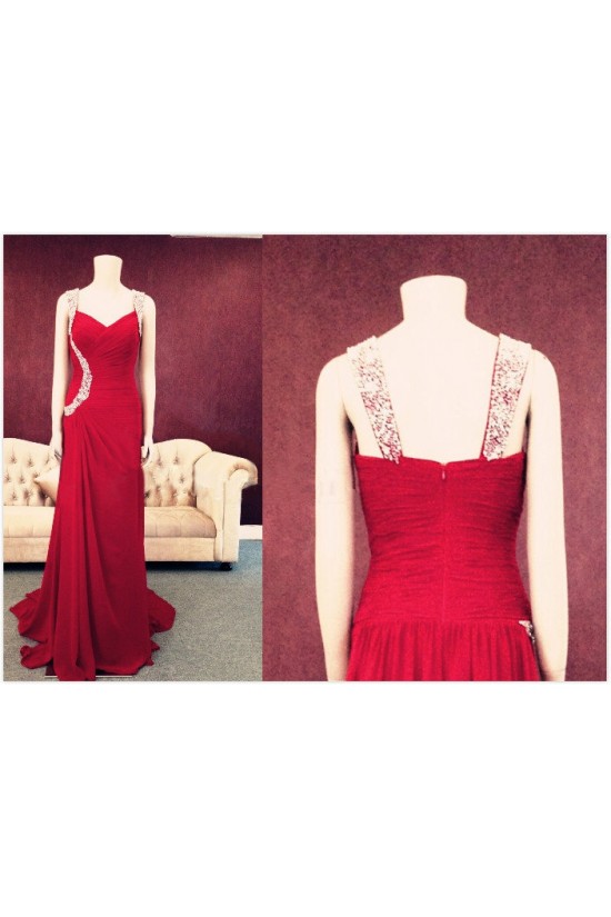 Sheath/Column Beaded Long Red Chiffon Prom Evening Formal Dresses ED011451