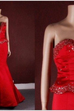 Trumpet/Mermaid Beaded Long Red Prom Evening Formal Dresses ED011452