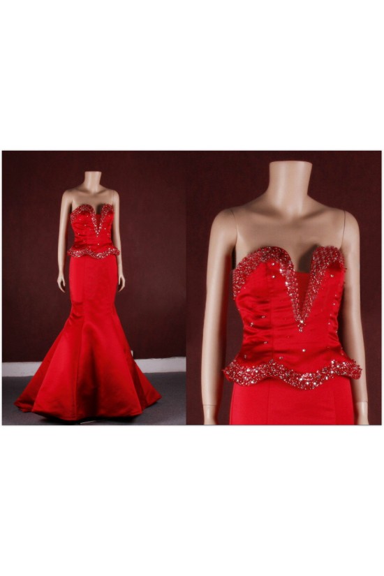 Trumpet/Mermaid Beaded Long Red Prom Evening Formal Dresses ED011452