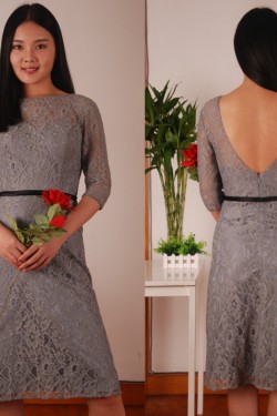 A-Line Bateau Short Grey Lace Prom Evening Formal Dresses ED011453