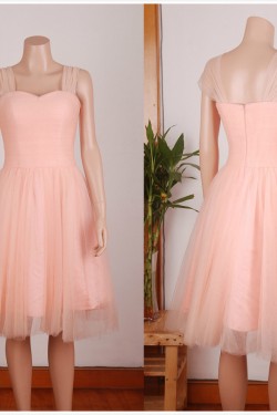 A-Line Straps Short Pink Tulle Prom Evening Formal Dresses ED011456