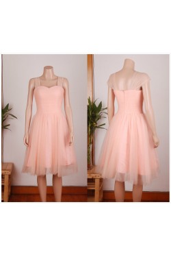 A-Line Straps Short Pink Tulle Prom Evening Formal Dresses ED011456