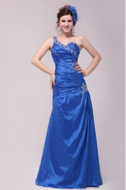 One-Shoulder Long Blue Beaded Prom Evening Formal Party Dresses ED010146