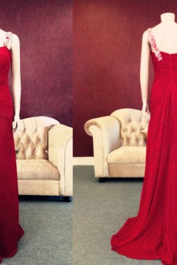 Sheath One-Shoulder Long Red Chiffon Prom Evening Formal Dresses ED011462