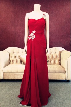 Sheath One-Shoulder Long Red Chiffon Prom Evening Formal Dresses ED011462