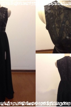 A-Line Long Black Lace and Chiffon Prom Evening Formal Dresses ED011469