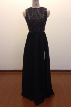 A-Line Long Black Lace and Chiffon Prom Evening Formal Dresses ED011469