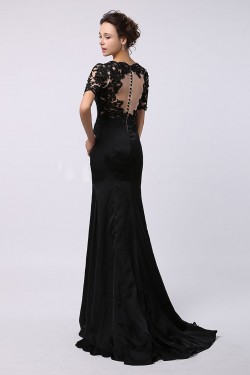 Trumpet/Mermaid Short Sleeve Beaded Applique Long Black Prom Evening Formal Dresses ED011474