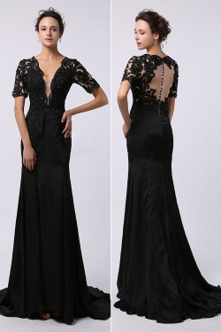 Trumpet/Mermaid Short Sleeve Beaded Applique Long Black Prom Evening Formal Dresses ED011474
